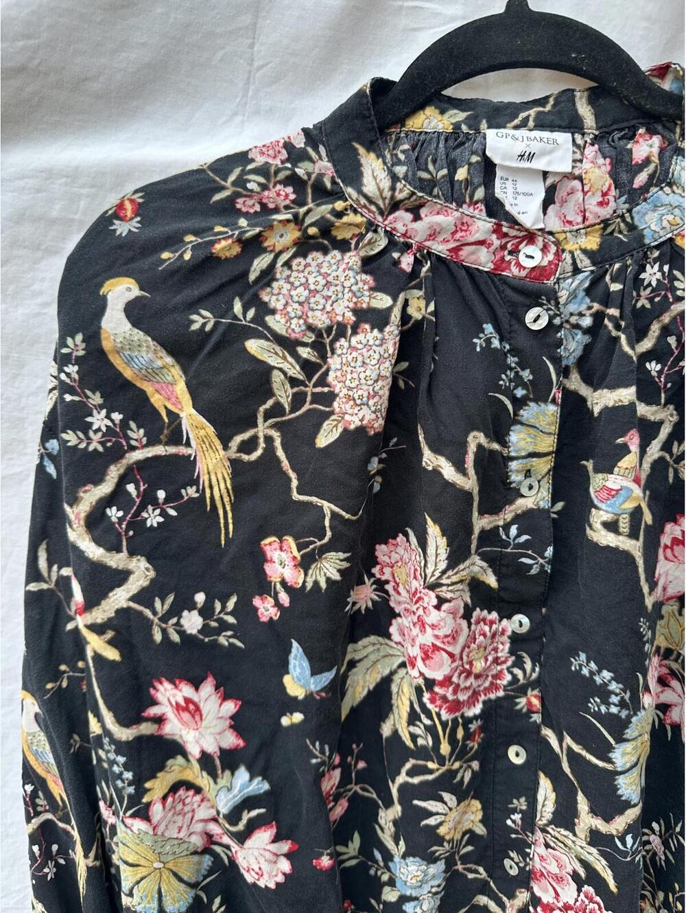 GP and J Baker x H&M Black Floral Button-Up Blouse with Bird Print Size 12 - Picture 2 of 9